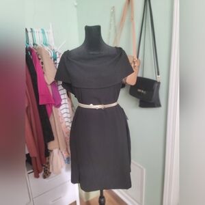 Charles Henry Black Midi Dress with Tan Belt